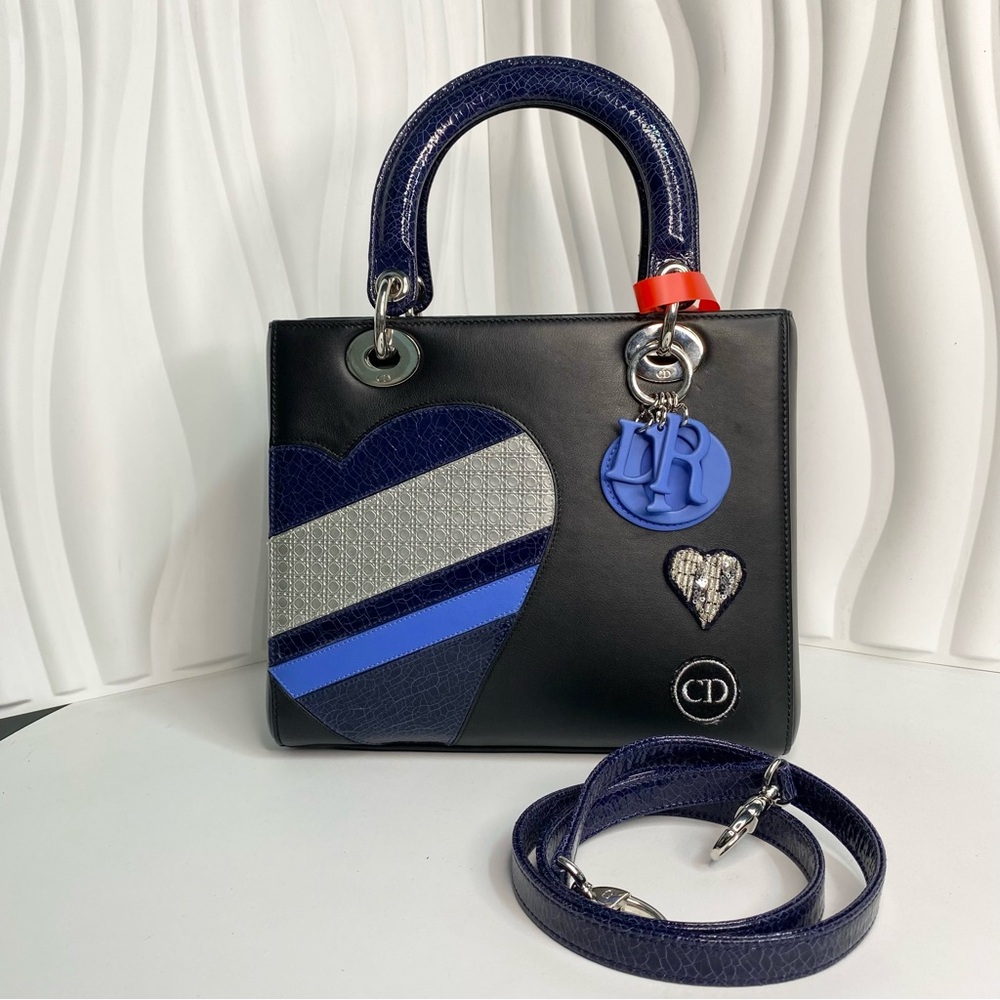 Lady Dior Limited Edition Heart Decor Black Blue Medium Bag